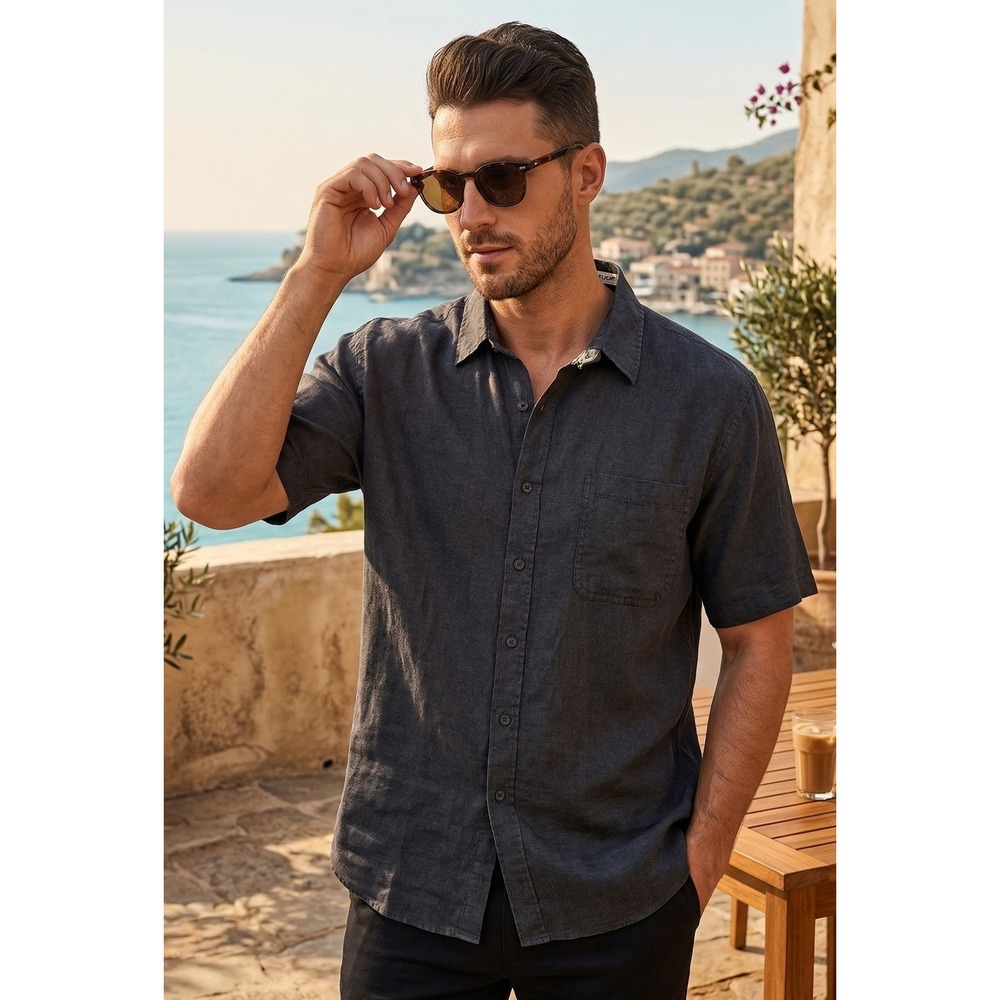 Cumran 100% Linen Short Sleeve Button Down Dress Shirt Men's XL Black Pocket